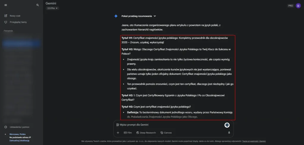 Narzędzie Gemini. Pokazywanie wyniku